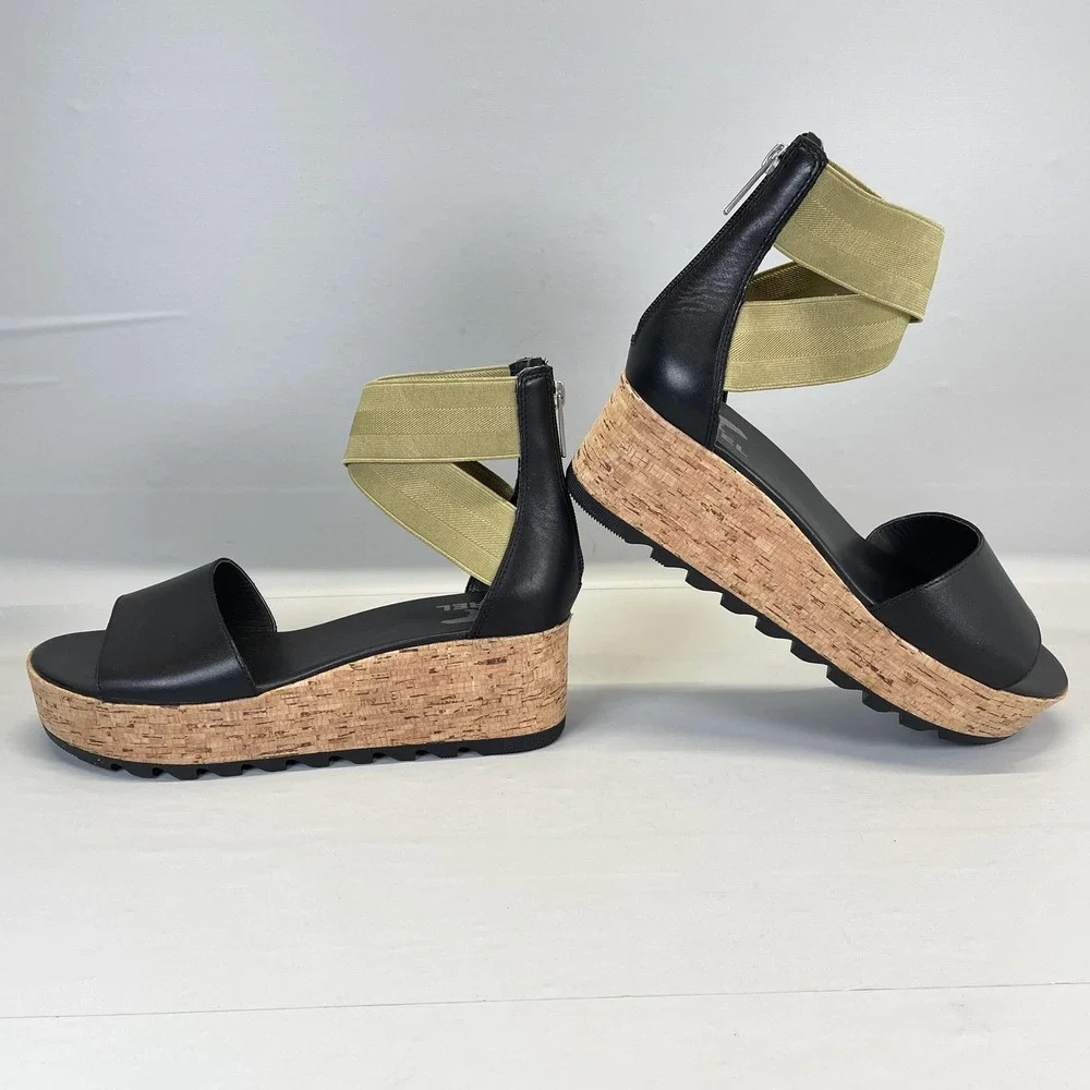Sorel Cameron Flatform Wedge Sandals Womens Size 9.5 Black Leather Ankle Strap